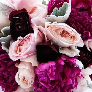 Bridal Bouquet. Style: Hand Tied - Open Color Scheme: Lace and Satin Thin Ribbon. Deep red, blush pinks, touches of white.