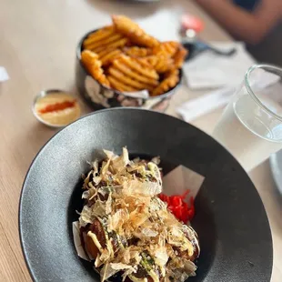 Suzan fries with the special yuzu mayo sauce and the best tacoyaki in ATX