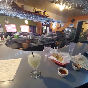 Classic frozen margarita, chips and salsa