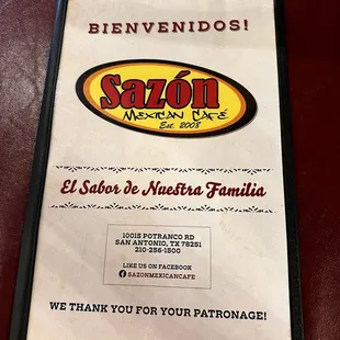 Front of menu