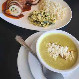 Roasted Poblano Cream Soup and Signature Pollo Sazon