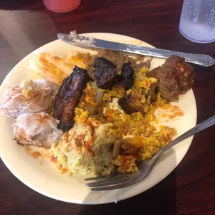 Rice, beans, mofongo, yuca, maduros, steak
