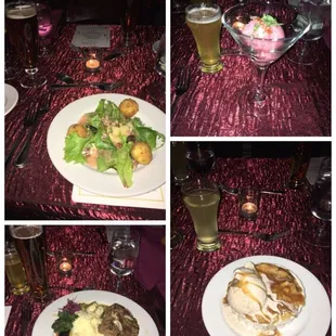 Winter Salad, Sorbet, Ribeye and Mashed Potatoes, and Bread Pudding