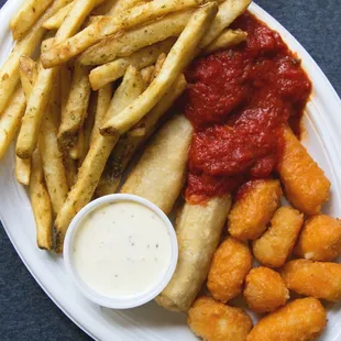 Saz&apos;s Festival-Famous Sampler Combo with Sour Cream &amp; Chive Fries, Mozzarella Marinara, and Leinenkugel&apos;s Beer-Battered White Cheddar Curds