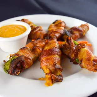 Saz's Jalapeno Pulled Pork Poppers-jalapenos stuffed with BBQ pulled pork and Wisconsin cheddar, bacon-wrapped and deep fried