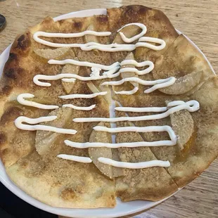 Seasonal pear cobbler pizza with mascarpone finish, so it's not too sweet.