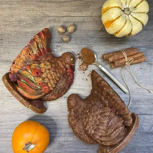 Monthly Menu (November: Thanksgiving Menu): "Turkey Shaped Pumpkin Spiced Cake with Cream Cheese Filling"