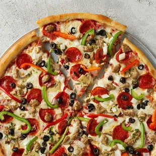a pizza with pepperoni and olives