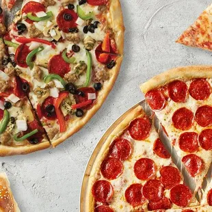 pepperoni, olives, and cheese pizzas
