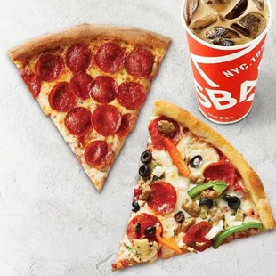 two slices of pizza and a drink