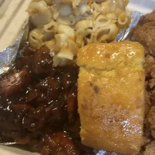 Yams, mac n cheese, corn bread, party wings