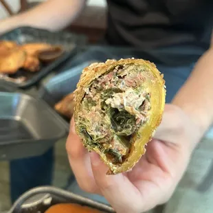 Collards/cream cheese, brisket, and raspberry chipotle - eggroll