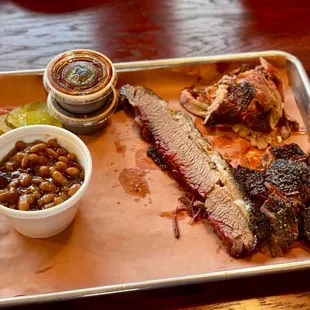 1/4th lb brisket, 1/4th lb pulled pork, 1/4th lb burnt ends, and baked beans. Mmmmmm... good!
