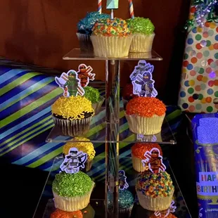 Cupcakes! Sprinkles instead of colored icing because no one wants a Smurf mouth.