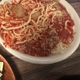 Microwaved "spaghetti" with bland sauce and canned meatballs