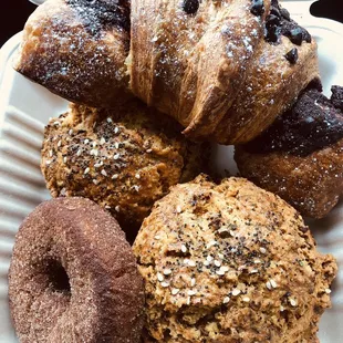 chocolate croissant, prosciutto sundried tomato scone, apple cider donut