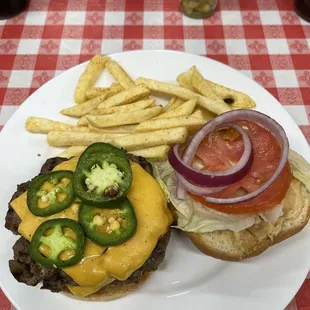 Jalapeño Cheese Burger and fries