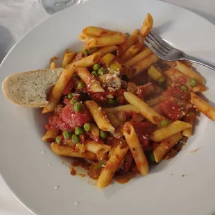 Penne Arrabiata. It was ok. The sauce was good but I apparently don't like peas in my sauce.