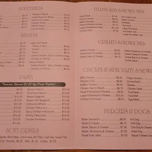 the menu and prices