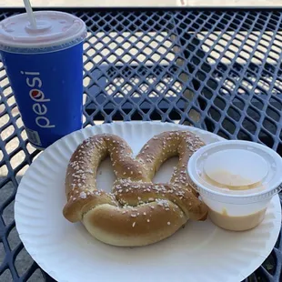 Pretzel with cheese and small Gatorade