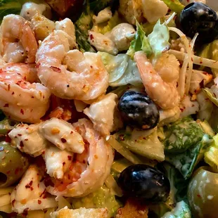 Mediterranean Salad with tons of lump crab, shrimp, + tuna.