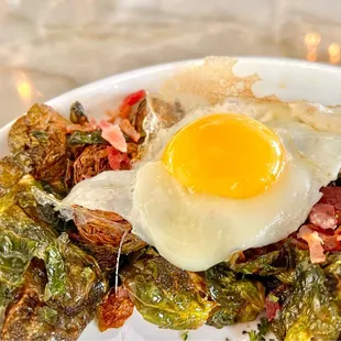 Mornin' Brussels. When in doubt, crack an egg over it. These brussels are crispy, tender, &amp; sweet.