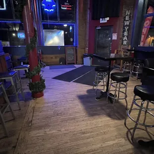 a bar with stools and tables