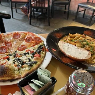 Half garlic pepperoni and half Pepper Pesto Pizza, red Red Chile Cream Pasta