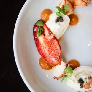 Lobster Burrata: paddlefish caviar, lentil purée, pickled cherry tomatoes