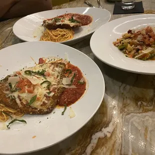 L-r eggplant parm, chicken parm n lobster risotto