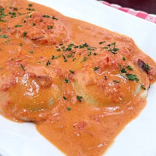 Portabella Mushroom Ravioli with bacon vodka sauce
