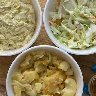 We got three sides: Potato Salad Cole Slaw Macaroni &amp; Cheese
