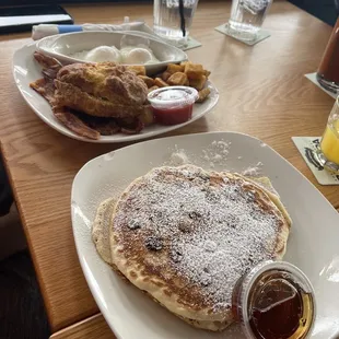 eggs, bacon, biscuit and choc chip pancakes