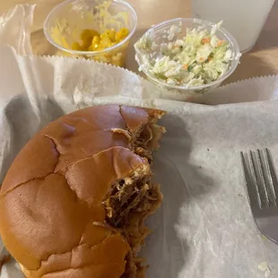 Pulled pork sandwich, Mac &amp; cheese, slaw.