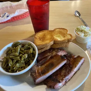 Rib dinner with double green beans and cole slaw.