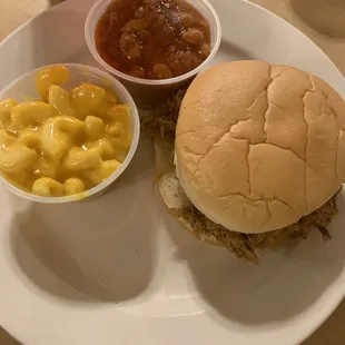 Pulled pork sandwich, Mac n cheese bbq beans