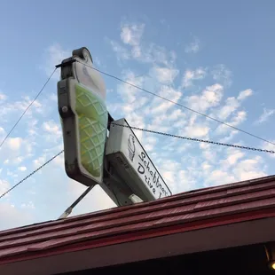 a sign on the roof