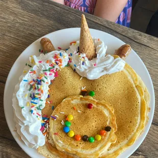 Unicorn Pancakes!  Subbed sausage instead of bacon no fuss no muss