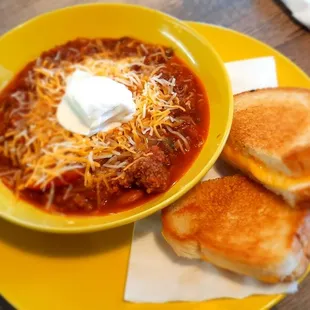 Can't go wrong with a bowl of chili and grilled cheese!