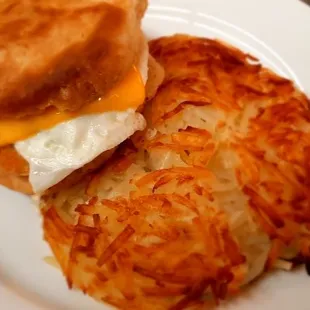 Breakfast sandwich with a side of hashbrowns