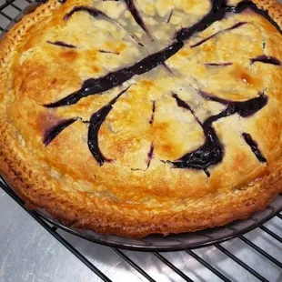 We have pie! This is our blueberry pie! We also run Cinnamon and Carmel rolls daily!