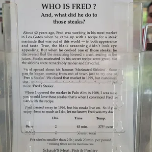 fred's steak information