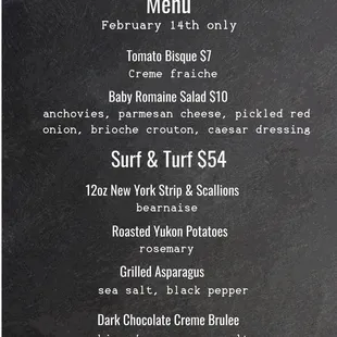 Valentine&apos;s Day Menu 2023