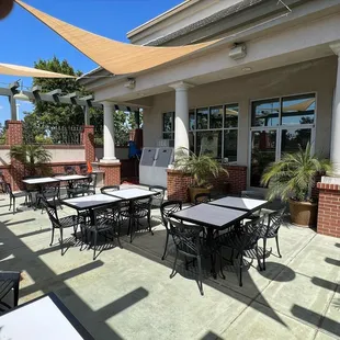 a patio with tables and chairs