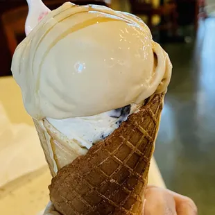 A delicious salted caramel and coconut almond sundae in Scherb&apos;s homemade divine waffle cone.