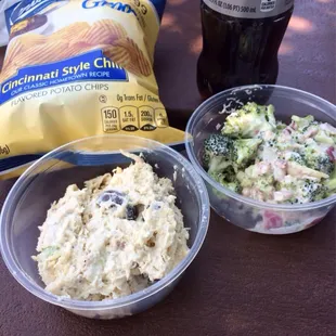 Chicken grape nut salad, broccoli salad, Cincinnati Style Chili Potato Chips and Diet Coke- all under $6