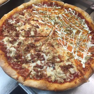 Half buffalo chicken pizza half chicken and bacon delicious