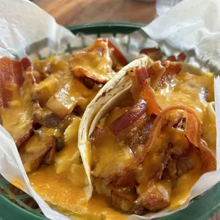 Bacon, cheese breakfast taco