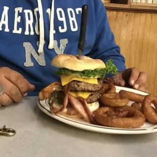 Double bacon cheeseburger and onion rings