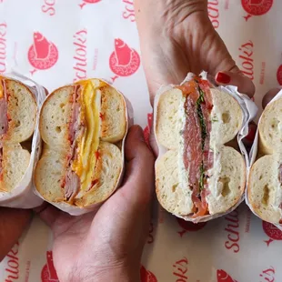 Ham egg and cheese sando on left, classic lox sando on right